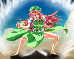 Rule 34 | 1girl, aura, blue eyes, bow, braid, cable, commentary, constricted pupils, dragon ball, dragonball z, electricity, female focus, fighting stance, hair bow, hat, hong meiling, kamishima kanon, long hair, looking at viewer, open mouth, red hair, solo, spread legs, standing, super saiyan, sweat, touhou