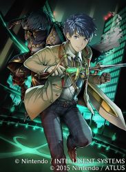 Rule 34 | 2boys, aoi itsuki, armor, belt, blue hair, chrom (fire emblem), cityscape, collared shirt, company name, daigoman, fire emblem, fire emblem cipher, holding, holding sword, holding weapon, looking at viewer, multiple boys, necktie, night, nintendo, outdoors, shirt, sword, tokyo mirage sessions fe, weapon
