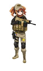 Rule 34 | absurdres, belt, belt buckle, black jacket, blunt bangs, blush, boots, buckle, bulletproof vest, closed mouth, commentary request, cross-laced footwear, full body, gloves, green eyes, grey footwear, grey gloves, grey pants, gun, handgun, hat, headphones, highres, holster, hone (honehone083), idolmaster, idolmaster (classic), jacket, knee pads, lace-up boots, long sleeves, military, military operator, pants, pin, pistol, pouch, scope, simple background, smile, solo, standing, takatsuki yayoi, weapon, weapon request, white background