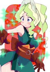 Rule 34 | 1girl, alternate costume, animal ears, blue eyes, blush, breasts, brown gloves, cowboy shot, diana cavendish, gloves, hys-d, light green hair, little witch academia, long hair, multicolored hair, ponytail, sash, sleeveless, solo, sparkle, sweatdrop, two-tone hair