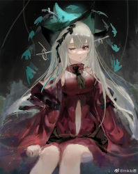 Rule 34 | 1girl, aqua headwear, arknights, bare shoulders, black background, clothing cutout, commentary request, dress, feet out of frame, grey hair, highres, long hair, long sleeves, looking at viewer, mikilo re, navel, navel cutout, one eye closed, red dress, red eyes, short dress, sitting, skadi (arknights), skadi the corrupting heart (arknights), solo, very long hair