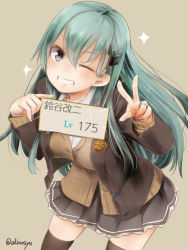 Rule 34 | 1girl, akino shuu, blouse, blush, brown background, brown cardigan, brown skirt, brown sweater, brown thighhighs, buttons, cardigan, character name, gameplay mechanics, green eyes, green hair, grin, hair between eyes, jewelry, kantai collection, long hair, long sleeves, one eye closed, pleated skirt, ring, shirt, simple background, skirt, smile, solo, suzuya (kancolle), suzuya kai ni (kancolle), sweater, thighhighs, twitter username, v, wedding band, white shirt