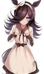 Rule 34 | 1girl, absurdres, animal ears, black hair, brown ribbon, closed mouth, collared dress, dress, frilled dress, frills, hair over one eye, hair ribbon, hairband, hands up, highres, horse ears, horse girl, horse tail, long hair, long sleeves, looking at viewer, neck ribbon, purple eyes, ribbon, rice shower (umamusume), simple background, sin (sin52y), smile, solo, tail, umamusume, white background, white hairband, white ribbon