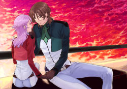Rule 34 | 00s, 1boy, 1girl, anew returner, ass, belt, brown hair, couple, cropped jacket, dating, eye contact, gloves, green eyes, gundam, gundam 00, holding hands, hetero, higi (rodriguez), light purple hair, lockon stratos, looking at another, lyle dylandy, outdoors, pants, red eyes, sitting, sky, twilight