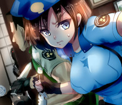 Rule 34 | 1girl, beret, blue eyes, breasts, brown hair, capcom, chris redfield, closed mouth, fingerless gloves, gloves, hat, jill valentine, looking at viewer, nagare, resident evil, resident evil 1, short hair, weapon, zombie