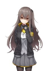 Rule 34 | 1girl, absurdres, black gloves, black jacket, black pantyhose, bow, breasts, brown eyes, brown hair, doggo34476335, finger to mouth, girls&#039; frontline, gloves, grey skirt, hair bow, highres, jacket, long hair, looking at viewer, pantyhose, scar, shaded face, shirt, skirt, smile, solo, ump45 (girls&#039; frontline), white background, white shirt