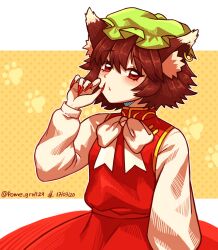 Rule 34 | 1girl, animal ear fluff, animal ears, brown hair, caramelized tomatoes, cat ears, chen, dated, dress, earrings, fingernails, green hat, hair between eyes, hat, jewelry, long fingernails, long sleeves, looking at viewer, mob cap, nail polish, red dress, red eyes, red nails, sharp fingernails, shirt, short hair, signature, single earring, solo, touhou, twitter username, white shirt