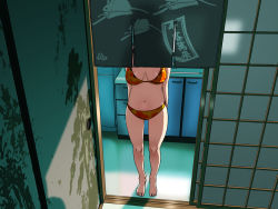 Rule 34 | 1girl, barefoot, bikini, breasts, cleavage, head out of frame, indoors, legs, original, rokusho, solo, standing, swimsuit
