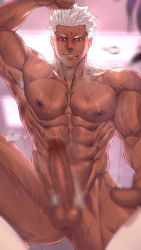 Rule 34 | 1boy, abs, archer (fate), armpit hair, armpits, bara, blush, breath, brown eyes, censored, come hither, commission, completely nude, dark-skinned male, dark skin, erection, fate/grand order, fate/stay night, fate (series), feet out of frame, firenzesaika, highres, huge penis, large pectorals, looking at viewer, male focus, male pubic hair, mosaic censoring, muscular, muscular male, nipples, nude, outstretched hand, pectorals, penis, pixiv commission, pov, pubic hair, reaching, reaching towards viewer, seductive smile, short hair, smile, solo focus, spread legs, stomach, sweat, thick thighs, thighs, white hair