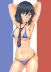 Rule 34 | 10s, 1girl, abs, andou (girls und panzer), armpits, arms behind head, arms up, bikini, black hair, blue bikini, blush, breasts, female focus, french flag, girls und panzer, green eyes, groin, highres, large breasts, looking at viewer, navel, rx78gozira, seductive gaze, seductive smile, short hair, simple background, smile, solo, swimsuit, tan, toned