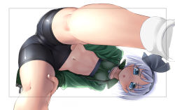 Rule 34 | 1girl, :o, alternate costume, ass, bike shorts, blue eyes, blush, breasts, cameltoe, cleft of venus, contemporary, from below, hairband, jacket, kneepits, konpaku youmu, looking at viewer, midriff, navel, open mouth, pantylines, sasayuki, short hair, silver hair, small breasts, solo, sports bra, touhou