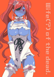 Rule 34 | 1girl, blue skin, blush, breastless clothes, breasts, bursting breasts, choker, cleavage, cleavage cutout, clothing cutout, colored eyelashes, colored skin, corset, elbow gloves, embarrassed, eyelashes, eyepatch, flower, frilled thighhighs, frills, gloves, hair flower, hair ornament, hair ribbon, hairband, highres, large breasts, lingerie, lolita fashion, lolita hairband, long hair, looking at viewer, multicolored eyes, no bra, no nipples, open mouth, original, parted bangs, polka dot, purple eyes, red eyes, red hair, ribbon, rose, sharekoube, simple background, solo, standing, sweatdrop, thighhighs, twintails, underwear, very long hair, wavy hair, white gloves, white thighhighs, zettai ryouiki, zombie, zoni-ko