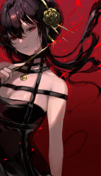 Rule 34 | 1girl, black dress, black hair, blood, bloody weapon, breasts, closed mouth, commentary, dress, earrings, flower, gold earrings, gold hairband, gradient background, hair between eyes, hair flower, hair ornament, hairband, holding, holding weapon, hyatsu, jewelry, long hair, looking at viewer, medium breasts, red background, red eyes, red theme, rose, sleeveless, sleeveless dress, solo, spy x family, weapon, yor briar