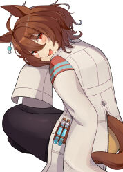Rule 34 | 1girl, :d, absurdres, agnes tachyon (umamusume), ahoge, animal ears, black pantyhose, blush, brown eyes, brown hair, commentary request, earclip, hair between eyes, highres, horse ears, horse girl, horse tail, lab coat, long sleeves, looking at viewer, looking back, on floor, open mouth, pantyhose, pirukusu, short hair, simple background, sitting, sleeves past wrists, smile, solo, tail, test tube, thighhighs, tongue, umamusume, white background, wide sleeves