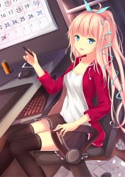 Rule 34 | 1girl, arm rest, black skirt, black thighhighs, blonde hair, blue eyes, blue ribbon, blush, breasts, calendar (object), camisole, can, canned coffee, cellphone, collarbone, commentary request, desk, drawing, drawing tablet, drink can, frilled skirt, frills, from side, fuuro (johnsonwade), hair ribbon, hairband, hand up, highres, holding, holding pen, indoors, jacket, keyboard (computer), leaning back, long hair, looking at viewer, looking to the side, moe2016, mouse (computer), one side up, original, paper, parted lips, pen, phone, pleated skirt, ponytail, red jacket, ribbon, sitting, skirt, solo, stylus, swivel chair, thighhighs, tress ribbon, zettai ryouiki