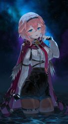 Rule 34 | 1girl, absurdres, black gloves, black shorts, blue eyes, blush, breasts, brown pantyhose, cape, cowboy shot, fingerless gloves, gloves, hair between eyes, hairband, hand up, highres, hololive, kabedoru, large breasts, looking at viewer, necktie, night, night sky, open mouth, pantyhose, pink hair, red cape, red necktie, shirt, shirt tucked in, short hair, shorts, skirt, sky, solo, star (sky), starry sky, takane lui, takane lui (1st costume), thigh strap, virtual youtuber, wading, water, white shirt