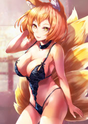 Rule 34 | 1girl, animal ear fluff, animal ears, bare arms, bare shoulders, blonde hair, blue choker, breasts, choker, collarbone, commentary request, cowboy shot, fox ears, fox tail, groin, hand in own hair, hand up, highleg, highres, large breasts, lingerie, lips, lipstick, looking at viewer, makeup, mayonaka taruho, multiple tails, parted lips, railing, short hair, smile, solo, spaghetti strap, standing, stomach, tail, thighs, touhou, underwear, underwear only, yakumo ran, yellow eyes