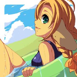 Rule 34 | 1girl, animal ears, blonde hair, bow, braid, day, enoo, green eyes, hair bow, jaggy lines, long hair, looking at viewer, lowres, mariel (wild arms), oekaki, open mouth, orange bow, profile, school swimsuit, sky, smile, solo, swimsuit, water, wet, wild arms, wild arms 1