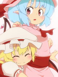 Rule 34 | 2girls, bad id, bad pixiv id, bat wings, blonde hair, blue hair, closed eyes, dress, flandre scarlet, hat, hat ribbon, mantarou (shiawase no aoi tori), mob cap, multiple girls, open mouth, pink dress, pink eyes, pointy ears, puffy sleeves, red dress, remilia scarlet, ribbon, sash, shirt, short sleeves, siblings, simple background, sisters, smile, tackle, touhou, wavy mouth, white background, wings