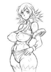 Rule 34 | 00s, 1girl, breasts, female focus, gloves, hair ornament, large breasts, long hair, looking at viewer, monochrome, naomi fluegel, shorts, smile, solo, spiked hair, zoids, zoids shinseiki/zero