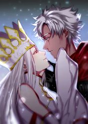 Rule 34 | 1boy, 1girl, bad id, bad pixiv id, bare shoulders, black eyes, commentary request, crown, crying, crying with eyes open, dark-skinned male, dark skin, detached sleeves, dress of heaven, emiya kiritsugu, emiya kiritsugu (assassin), eye contact, fate/grand order, fate (series), from side, hand on another&#039;s chin, husband and wife, irisviel von einzbern, irisviel von einzbern (caster), kouya (kyk428), long hair, looking at another, red eyes, tears, white hair, wide sleeves