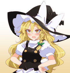 Rule 34 | 1girl, black hat, black shirt, blonde hair, blush, bow, braid, commentary, frown, gradient background, green bow, hair bow, hands on own hips, hat, hat bow, highres, ichimura kanata, kirisame marisa, long hair, looking at viewer, one-hour drawing challenge, open mouth, puffy short sleeves, puffy sleeves, shirt, short sleeves, side braid, skirt, skirt set, solo, standing, touhou, upper body, white bow, witch hat, yellow background, yellow eyes