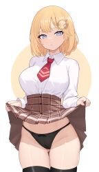 Rule 34 | 1girl, absurdres, black panties, blonde hair, blue eyes, blush, breasts, cameltoe, clothes lift, hair ornament, highres, hololive, hololive english, large breasts, lifted by self, long sleeves, looking at viewer, moursho, necktie, panties, plaid, plaid skirt, red necktie, shirt, short hair, skirt, skirt lift, solo, standing, thighhighs, underwear, virtual youtuber, watson amelia, watson amelia (1st costume), white shirt