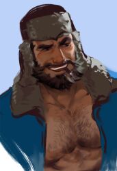 Rule 34 | 1boy, alternate facial hair, bara, beard, black hair, blush, chest hair, cigar, cropped torso, dopey (dopq), facial hair, from above, graves (league of legends), hair slicked back, highres, large pectorals, league of legends, male focus, mature male, muscular, muscular male, mustache, painterly, pectoral cleavage, pectorals, raised eyebrow, sideways glance, smoking, solo, thick eyebrows, unfinished, winter clothes