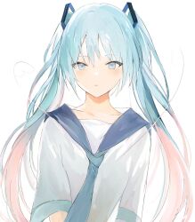 Rule 34 | 1girl, aqua eyes, aqua hair, blue eyes, blush, commentary, green hair, hair ornament, hatsune miku, long hair, looking at viewer, lpip, necktie, shirt, simple background, solo, symbol-only commentary, twintails, very long hair, vocaloid