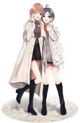 Rule 34 | 2girls, ahoge, black footwear, black hair, black skirt, blue eyes, boots, brown hair, brown sweater, cleavage cutout, clothing cutout, coat, full body, hair ornament, hand on own cheek, hand on own face, hayase illusut, hikigaya komachi, isshiki iroha, jacket, knee boots, looking at viewer, miniskirt, multiple girls, one eye closed, open mouth, pencil skirt, ribbed sweater, short hair, simple background, skirt, smile, standing, stone floor, sweater, upper body, white background, white coat, white jacket, winter clothes, x hair ornament, yahari ore no seishun lovecome wa machigatteiru.