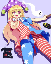 Rule 34 | 1girl, american flag dress, american flag legwear, american flag shirt, black hat, blush, breasts, clothes writing, clownpiece, crescent, eyebrows, from below, ghost, hair between eyes, hat, highres, holding, index finger raised, jester cap, liya, long hair, pantyhose, pink eyes, pink hat, polka dot, purple background, short sleeves, simple background, small breasts, solo, standing, star (symbol), star print, striped clothes, striped pantyhose, torch, touhou, unworn hat, unworn headwear, unworn shirt, very long hair