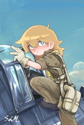 Rule 34 | 1girl, aircraft, airplane, aqua eyes, bag, black footwear, blonde hair, blue sky, child, cloud, f6f hellcat, fighter jet, gloves, highres, jet, lalah 7th, long hair, military, military vehicle, original, pilot, pilot suit, scarf, short sleeves, signature, sky, solo, yellow scarf