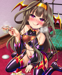 Rule 34 | 1girl, alternate costume, bare shoulders, blush, boots, breasts, cake, carpet, corruption, covered erect nipples, dark persona, food, food on face, fork, fruit, hairband, heart, heart-shaped pupils, heavy breathing, highres, kantai collection, kongou (kancolle), medium breasts, militia minpei, nail polish, pillow, plate, pubic tattoo, sitting, smile, solo, strawberry, symbol-shaped pupils, tattoo, thigh boots, thighhighs, tongue, tongue out, wariza, wet