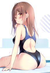 Rule 34 | 1girl, absurdres, ahoge, ass, back, back cutout, black one-piece swimsuit, blue one-piece swimsuit, blush, breasts, brown eyes, brown hair, clothing cutout, competition swimsuit, from behind, hair between eyes, highres, kokoa-chan (pan (mimi)), looking at viewer, looking back, medium breasts, one-piece swimsuit, original, pan (mimi), parted lips, sidelocks, sitting, solo, swimsuit, two-tone swimsuit, wet