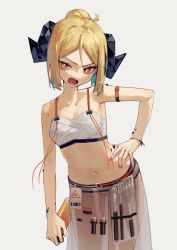 Rule 34 | 1girl, absurdres, arknights, bikini, blonde hair, breasts, demon horns, grey background, hand on own hip, highres, holding, horns, ifrit (arknights), ifrit (sunburn) (arknights), looking at viewer, material growth, navel, official alternate costume, open mouth, oripathy lesion (arknights), ponytail, see-through, short hair, simple background, small breasts, solo, stomach, swimsuit, white bikini, yellow eyes, yoon cook