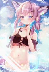 Rule 34 | 1girl, absurdres, alternate hairstyle, animal ear fluff, animal ears, arknights, arm behind back, armpit crease, bad id, bad pixiv id, bare shoulders, bikini, bikini top only, bird, blue eyes, blue sky, blush, bottomless, brown bikini, chrocatz, closed mouth, cloud, cloudy sky, collarbone, cowboy shot, day, extra ears, flat chest, food, fox ears, fox girl, fox tail, hair ornament, hairpin, hand up, heart, heart-shaped pupils, highres, holding, holding food, ice cream, lens flare, light censor, looking at viewer, material growth, navel, official alternate costume, oripathy lesion (arknights), partially submerged, pink hair, short hair, sky, smile, solo, standing, sussurro (arknights), sussurro (summer flower) (arknights), swimsuit, symbol-shaped pupils, tail, wading, water