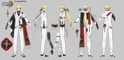 Rule 34 | 1boy, a-pose, asymmetrical clothes, blonde hair, chinese commentary, chinese text, closed mouth, concept art, cross, highres, honkai (series), honkai impact 3rd, juer1004, logo, long hair, male focus, official art, otto apocalypse, pants, ponytail, smile, solo, standing, white pants