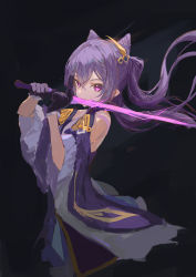 Rule 34 | 1girl, absurdres, black background, black gloves, cone hair bun, covering own mouth, detached sleeves, dress, floating hair, genshin impact, gloves, hair between eyes, hair bun, hair ornament, highres, holding, holding sword, holding weapon, ichika (ichika87), keqing (genshin impact), long hair, looking at viewer, purple dress, purple eyes, purple hair, solo, sword, twintails, upper body, weapon, wide sleeves