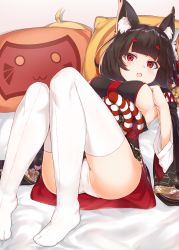 Rule 34 | 1girl, :3, :o, absurdres, animal ear fluff, animal ears, azur lane, bed sheet, bikini, black bikini, blush, breasts, cat ears, commentary request, fang, front-seamed legwear, hair ornament, hairclip, highres, japanese clothes, karla (kimidori3), kimono, knees together feet apart, knees up, large breasts, legs together, long sleeves, lying, manjuu (azur lane), mask, mask on head, on back, on bed, open mouth, panties, pantyshot, pillow, red eyes, rope, seamed legwear, shimenawa, short hair, short kimono, sideboob, skin fang, solo focus, swimsuit, thighhighs, underwear, white panties, white thighhighs, wide sleeves, yamashiro (azur lane)