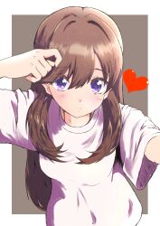 Rule 34 | 1girl, absurdres, arm up, border, breasts, brown background, brown hair, closed mouth, commentary, fujishima megumi, hair down, heart, highres, light blush, link! like! love live!, long hair, looking at viewer, love live!, medium breasts, outside border, purple eyes, rakinegimagi, selfie, shirt, short sleeves, simple background, smile, solo, t-shirt, upper body, virtual youtuber, white border, white shirt