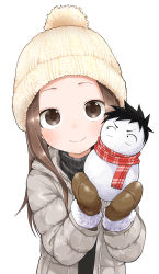 Rule 34 | 1girl, beanie, black hair, black sweater, brown coat, brown eyes, brown gloves, brown hair, closed mouth, coat, commentary request, gloves, hat, highres, karakai jouzu no takagi-san, long hair, long sleeves, looking at another, looking at viewer, nishikata, plaid, plaid scarf, red scarf, ribbed sweater, scarf, short hair, simple background, smile, snowman, solo, sweater, takagi-san, upper body, white background, white hat, yamamoto souichirou