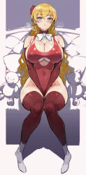 Rule 34 | 1girl, :&lt;, between legs, blonde hair, blue eyes, blush, bow, bowtie, breasts, breath, bright pupils, choker, claire harvey, cleavage, closed mouth, clothing cutout, covered navel, cushion, flower, hair flower, hair ornament, hand between legs, highres, huge breasts, hundred (light novel), long hair, one-piece swimsuit, ookuma nekosuke, pillow, red sweater, red thighhighs, sitting, solo, stuffed animal, stuffed toy, sweat, sweater, swimsuit, teddy bear, thighhighs, thighs, underboob cutout, wavy hair, white bow, white bowtie