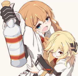 Rule 34 | 2girls, :d, alcohol, arm up, black gloves, blonde hair, blue eyes, blush, bottle, brown background, brown hair, brown shirt, eyes visible through hair, fur-trimmed sleeves, fur trim, girls&#039; frontline, gloves, hair between eyes, highres, holding, holding bottle, jacket, long hair, long sleeves, matsuo (matuonoie), mosin-nagant (girls&#039; frontline), mosin-nagant (mod3) (girls&#039; frontline), multiple girls, nagant revolver (girls&#039; frontline), nagant revolver (mod3) (girls&#039; frontline), one eye closed, open clothes, open jacket, open mouth, red eyes, shirt, simple background, smile, vodka, white jacket, white shirt
