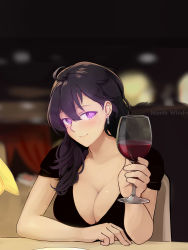 Rule 34 | 1girl, alcohol, bad id, bad pixiv id, beifeng han, black hair, blurry, breasts, cleavage, closed mouth, collarbone, cup, depth of field, drinking glass, earrings, glowing, glowing eyes, hair over shoulder, highres, jewelry, large breasts, looking at viewer, miyaura sanshio, original, pink eyes, short sleeves, smile, solo, upper body, wine, wine glass