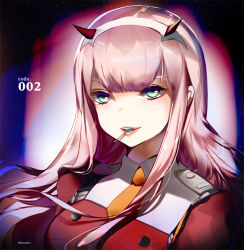 Rule 34 | 10s, 1girl, aqua eyes, candy, close-up, darling in the franxx, food, hairband, heco (mama), horns, lips, lollipop, looking at viewer, mouth hold, open mouth, pink hair, solo, straight hair, uniform, white hairband, zero two (darling in the franxx)