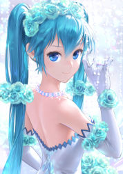 Rule 34 | 1girl, absurdly long hair, anniversary, aqua eyes, aqua flower, aqua hair, aqua rose, artist name, artist request, bare shoulders, blue eyes, blue hair, bouquet, dress, female focus, flower, flower necklace, flower wreath, gloves, hatsune miku, highres, jewelry, long hair, looking at viewer, looking back, necklace, parted lips, rose, solo, twintails, very long hair, vocaloid, wedding dress, white dress, white gloves, yubo