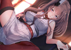 Rule 34 | 10s, 1girl, akasaai, bare arms, bare shoulders, belt, belt buckle, blue eyes, blush, breast pocket, breasts, brown hair, buckle, buttons, commentary request, covered erect nipples, d:, embarrassed, has bad revision, hat, highres, indoors, kantai collection, kerchief, large breasts, legs apart, lips, long hair, looking at viewer, open mouth, pocket, ponytail, red thighhighs, saratoga (kancolle), see-through, shirt, side ponytail, sidelocks, skirt, sleeveless, sleeveless shirt, solo, spread legs, squatting, sunlight, thighhighs, underbust, white hat, white shirt, white skirt, window