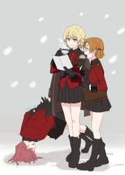 Rule 34 | 3girls, absurdres, bag, binoculars, black bow, black coat, black footwear, black gloves, black skirt, blonde hair, blue eyes, boots, bow, braid, breath, carrying, closed eyes, closed mouth, coat, commentary request, cup, darjeeling (girls und panzer), epaulettes, fallen down, girls und panzer, gloves, hair bow, highres, holding, holding cup, holding map, jacket, jacket on shoulders, korean commentary, long sleeves, looking at another, map, medium hair, military, military uniform, miniskirt, multiple girls, open mouth, orange hair, orange pekoe (girls und panzer), parted bangs, pleated skirt, red hair, red jacket, rosehip (girls und panzer), satchel, short hair, skirt, smile, st. gloriana&#039;s military uniform, standing, teacup, trembling, twin braids, uniform, walking, wani (perfect han)
