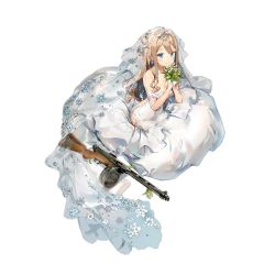 Rule 34 | 1girl, alternate hairstyle, anmi, backless dress, backless outfit, bare shoulders, blue eyes, blush, bouquet, breasts, bridal veil, cleavage, closed mouth, collarbone, dress, earrings, flower, full body, girls&#039; frontline, gloves, gun, hair between eyes, half gloves, heliotrope (flower), holding, holding bouquet, jewelry, leaf, light brown hair, long dress, long hair, looking at viewer, medium breasts, off-shoulder dress, off shoulder, official alternate costume, official art, rose, seiza, sidelocks, silver, sitting, smile, snowflake print, solo, submachine gun, suomi (blissful mission) (girls&#039; frontline), suomi (girls&#039; frontline), suomi kp/-31, tiara, transparent background, veil, weapon, wedding dress, white dress, white flower, white gloves