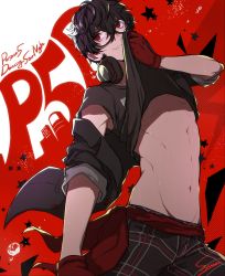 Rule 34 | 10s, 1boy, abs, amamiya ren, bad id, bad twitter id, black hair, clothes lift, copyright name, glasses, gloves, halftone, highres, looking at viewer, male focus, pectorals, persona, persona 5, persona 5: dancing star night, persona dancing, shirt lift, short hair, shuwa, smile